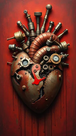 Bosch style painting , A 3D s lot of mechanical parts coming out of the middle of a rusty metallic open heart in details on red bloody background