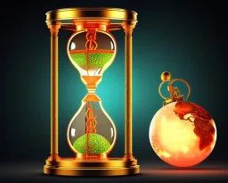 a glowing hourglass in a dark background, heaven in the upper globe and hell in the lower globe, realistic, meticulously detailed, intricately detailed