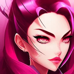 crystal blue eyes, and dark pink hair, teardrop shaped eyebrows, woman, angry expression, pointy ears