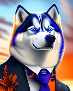 Hermoso perro Husky Siberiano un ojo azul otro ojo anaranjado con traje y corbata máximalista intrincado detallado impactante obra de arte 4k