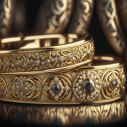 A close-up render of a set of elegant golden bracelets adorned with intricate engravings and sparkling gemstones