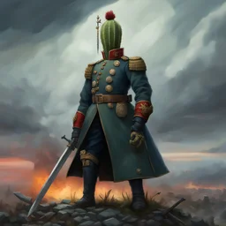 a heroic humanoid extremely thorny cactus wearing a blue prussian uniform, standing on a chaotic medieval battlefield, officer sabre, storm, dark sky, tattered banners, siege engines, musketeers