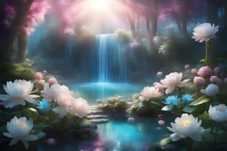 in a magical forest a magnificent crystal palace, pink and blue light, dancing light particles present everywhere, a small turquoise lake, a small waterfall, crystal flowers, crystal cluster, special lighting,, rays of sun, in the foreground very small white peonies, daffodils, magical atmosphere, very good definition, many refined details