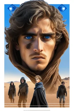 Movie 'Dune' aesthetic, double exposure movie poster featuring blue eyes mid-length haired hooded Paul Atriedes (Timothée Chalamet) leading Arrakis desert Fremen warriors, sand worm, cosmic background, modern movie poster composition reminiscent of Drew Struzan, artistic digital photography, sci-fi