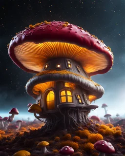 singular weird floating mushroom house in space. platinum, white, and mustard tetradic colors , Dark cosmic galactic interstellar. Detailed Matte Painting, deep color, fantastical, intricate detail, splash screen, hyperdetailed, insane depth, concept art, 8k resolution, trending on Artstation, Unreal Engine 5, color depth, backlit, splash art, dramatic, High Quality Whimsical Fun Imaginative unusual, good composition