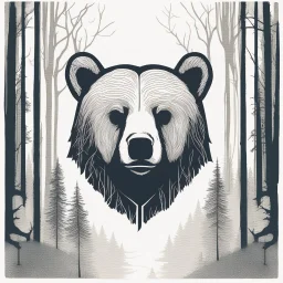 M shaped bear head combined with woods silhouette in backround, letterpress style, minimalistic pencil art