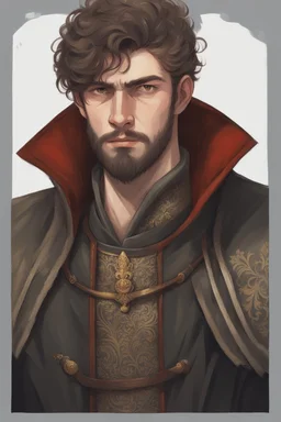 man, age 20, medieval, fighter, russian, croocked nose, czar, rich, simple clothes, short messy hair, thick beard, oligarch, leather coat with fur, brocade clothes, pencil drawing, black or red hair