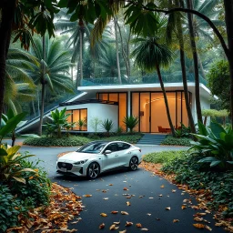 Cozy retreat, futuristic modern school in an tropical forest of vibrant colors. Contemporary design, clean lines and large windows, radiate a feeling of warmth and comfort. A white car parked on the winding road that leads to the house gives a touch of modernity to the rustic surroundings. The path is scattered with leaves. Around the house, mix of green, blue and yellow foliage. 8k