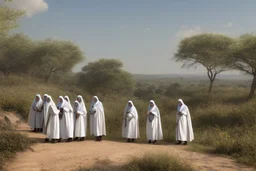 gruppo di suore africane con tunica grigia giornata di sole precipizio fuori città , terra