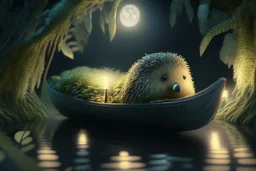 cute kiwi with thick fur in boat, by moonlit forest by stream, book illustration, fine detail, 4k, trending, volumetric light, depth of field