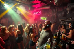 dans golv på en nedsliten sunkig techno club, många personer som dansar, yppiga kvinnor, mycket scen rök i lokalen, och gula röda strobes, en del personer ser in i kameran och skriker: "Benny!" och en Neon Skylt med texten "DJ ROY" på väggen, DJ Roy skriker rätt in i kameran, öppen mun, mycket flaskor och glas i baren