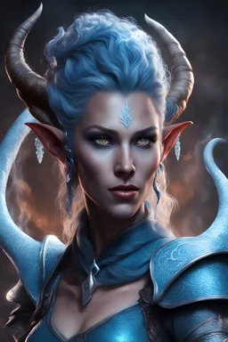 generate a dungeons and dragons character portrait of a female tiefling sorceress who uses ice magic realistic, award winning, 4k