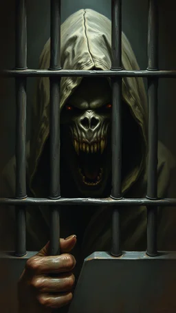 Bosch painting style nightmares, an Lazard creature with hood screaming and locked in behind bars , in dark prison environment with dim lights like 1800 prisons .