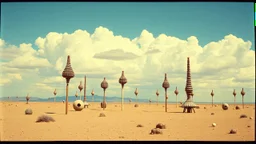 Strange spindle-shaped objects of various shapes, scattered over an arid wasteland, clouds, Max Ernst, Audubon, Amano, Walton Ford, Yves Tanguy, bright colours, polaroid, 8k, 3d, 33mm photography, well defined
