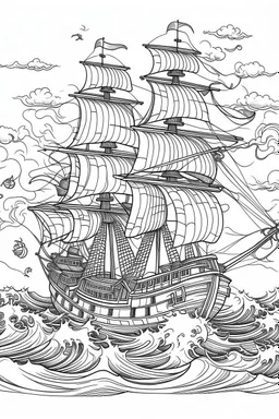 A haunted pirate ship sailing on rough seas while ghosts roam the deck.. Outline, sketch style, only use outline, mandala style, clean line art, white background, no shadows, no clear wall, coloring page.