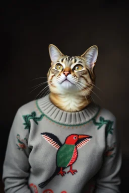 cat woman wearing a bird sweater