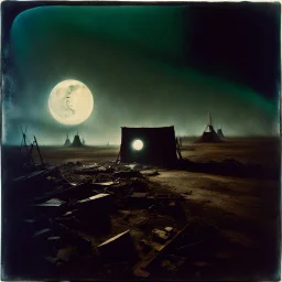 Photorealistic polaroid nothingness and distress, wasteland night Max Ernst Hieronymus Bosch, volumetric light, movie shot, details, high contrasts, nightmare, hypermaximalist