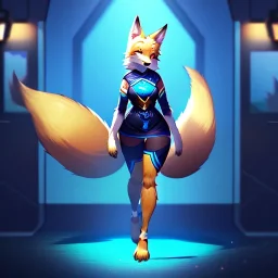 A fox fursona, Furry art, Digital art, cyberpunk, High quality, Backlighting, female, anthropomorphic, full body portrait, 8k resolution, fox tail, Realistic, high quality, great details, within portrait, masterpiece, best quality, cinematic lighting, detailed outfit, vibrant colors, perfect eyes, furry, human body, robotic arm, sfw, robotic, in the style of titanfall2