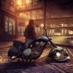 8k resolution beautiful cozy inviting Stoked biker steampunk digital illustration matte painting.