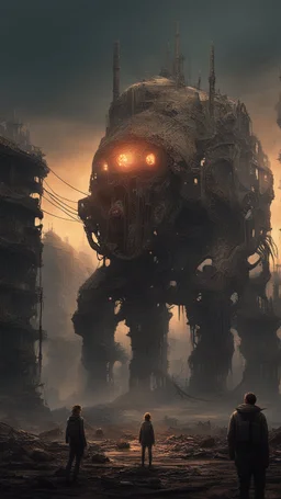 imon Stålenhag Influence: In a post-apocalyptic landscape, a giant, biomechanical creature stands amidst the ruins, its intricate circuits glowing against the twilight, a group of survivors observing in awe and fear from a safe distance.