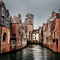 An old magical gothic little town with a castle and canals Nick Harris style