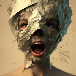 rendered in blender trash bag on his head and crumpled paper as a texture, collage paper and tape, slit - scan photography, high resolution, cinematic, unreal 6, breathtaking detailed