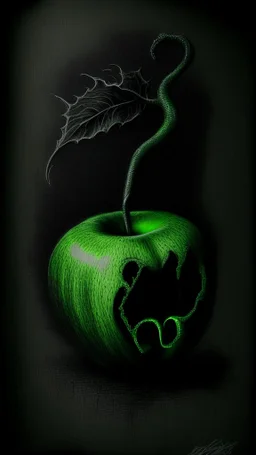 pencil drawing of poison apple. Spooky, scary, halloween, realistic, black paper, green poison