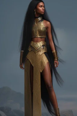 A black woman with silky long hair, wearing revealing combat armor, fantasy setting, ethereal, soft lighting