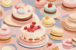 desserts in sunshine: ice cream sundaes, cakes, chocolates, macarons, floss candy, cookies, biscuits