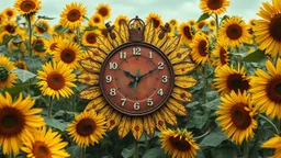 an arafed clock shaped and painted like a sunflower made of rusty metal sheet hiding mingled among sunflowers in a sunflower crop, eerie, mind-bender, unsettling, unnerving, steep dizzying field of vision, extreme drone bottom view, perspective vertigo, absurdity against time, time does not exist anymore, clockpunk with oilpunk, arafed vibe