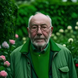 Un retrato de un anciano con un sobretodo verde y lentes de marco grueso en un jardín de rosas