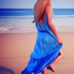 Beautiful full body woman blue eyes long blond hair in an hippy blue flower dress on a beach, unreal engine, 4k