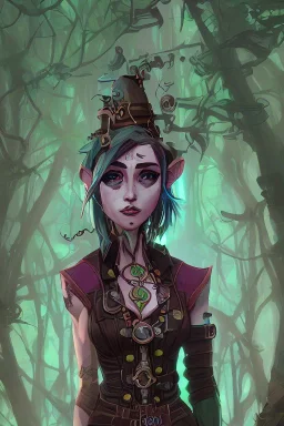 steampunk elf in a neon dystopian forest