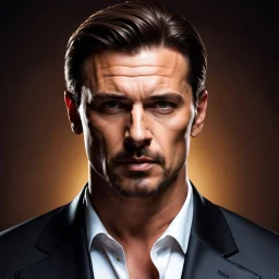 portrait of a 40 year old Handsome, smart gang boss with lightly tanned skin. medium length brown hair slicked back and a goatee beard. mean looking. photorealistic