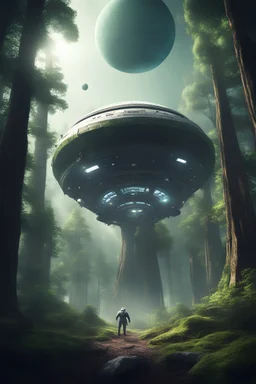 space ship discovering a new planet with large forests