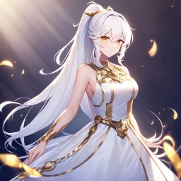 girl, masterpiece, best quality, volumetric lighting, detailed outfit, perfect eyes, long hair, white hair, golden eyes, ponytail, messy hair, gold and white outfit,