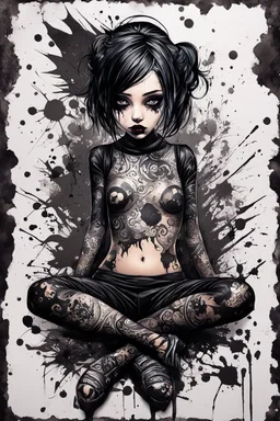 Petit girl goth many tattoos on his body, lying pose, fullbody, PAPERCUT style portrait multi layered metalics and rough texture paint splashes and streaks and blotches industrial