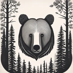 M shaped bear head surrounded with lots of woods silhouette in background, letterpress style, minimalistic pencil art