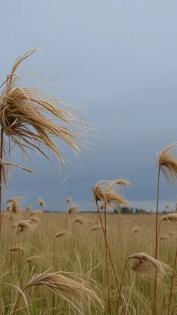 Windblown grass branches in the field with storm and winds