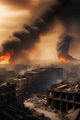 Destroyed City With Fire and Smoke Rising In the Background
