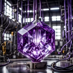 large purple crystal hooked up to an energy supply, inside a power station