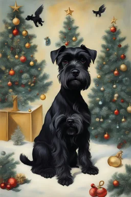 make a picture of three black schnauzers All of the dogs are black. Behind them it is a Christmas tree. Two of the same dogs have wings on by Salvador dali.