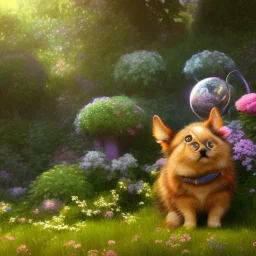 pixar style, volumetric summer garden environment and background, realistic painting of snickers, looking excited, volumetric lighting, dramatic lighting, detailed digital painting, extreme dense and fine fur, anime, ornate, colour-washed colors, elegant, small minutiae, tiny features, particulars, centered, smooth, sharp focus, renderman gofur render, 8k, uhd, detailed eyes, realistic shaded volumetric lighting, sunlight caustics, backlight, centered camera view