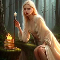 romantic fantasy spray painting, close up on cute blonde robed poet sitting on huge marble throne, loosing torch in magical forest