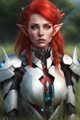 female elf, high cheekbones, white scale high tech armor, cybernetic jaw, cybernetic throat, blue crystal in the center of the armor, laying on a patch grassfield, single character, red hair, singl on top of the head pony tail, green eyes, photorealistic