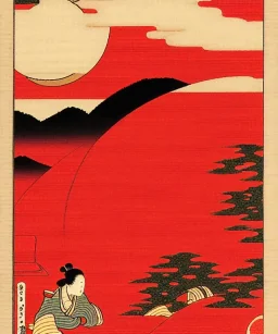 Ukiyo-e art, red sun