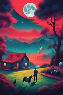 everything in this picture is upside down, A man, a cat, a horse, a tree, a house, a barn, a dog, a mountain range, a moon, fog, mist, trees, this picture is colorful, Having Secks in the backyard, Cosmic clouds, neon cityscape, Tron Motorcycles, planets, moons, stars, cosmic vortex, bright red, every color in the rainbow, 4k, 8k, 16k, 32k. 100k UHD, extremely detailed skin texture, hyper-realistic, photorealistic, Realism Engine, EpicOrGasm, Realistic Vision V