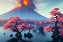 Japanese Fuji Mountain,eruption lava flows into the lake , concept art, smooth, extremely sharp detail, finely tuned detail, ultra high definition, 8 k, unreal engine 5, ultra sharp focus, illustration, magic ambient, bonsai cherry blossom trees .