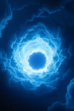 Intense cold blue Hole explosion in deep space. Wormhole apocalypse wipes out Universe. Cold blue cloudy hole collision explodes in outer space. Epic galaxy with growing black hole. Cinematic interstellar