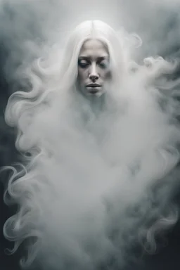 translucent female face barely visible from very dense white smoke and fog, translucent ghost-like face with lots of white hair, lots of fog in the background, surreal style